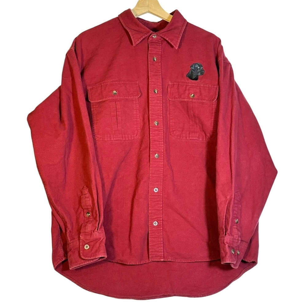 Cabelas Mens Red Chamois‎ Flannel Embroidered Black Lab Dog Chore Workwear XL